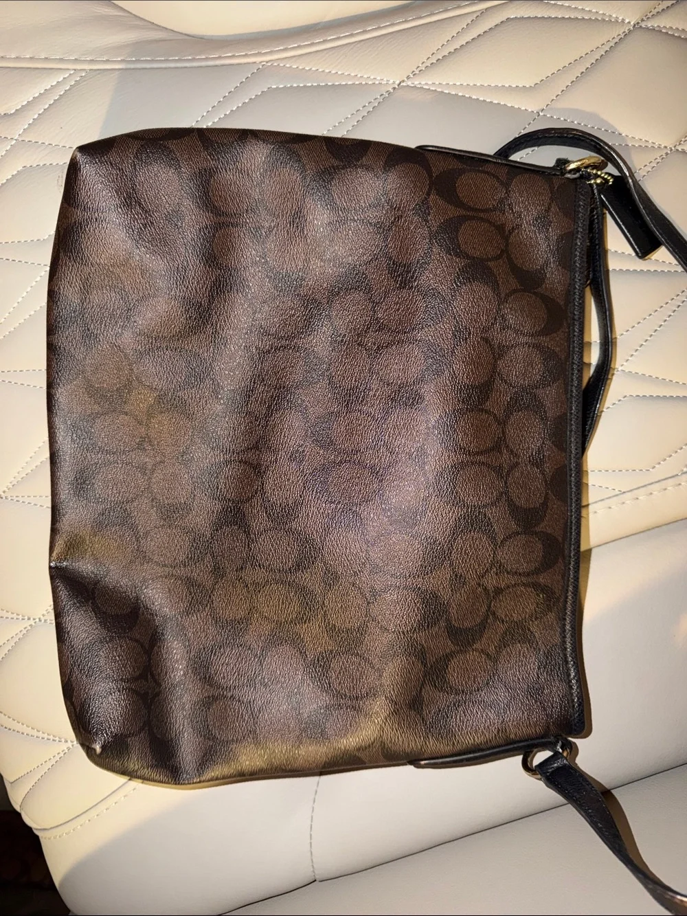 Coach Brown Signature Canvas Messenger Bag with Black Trim